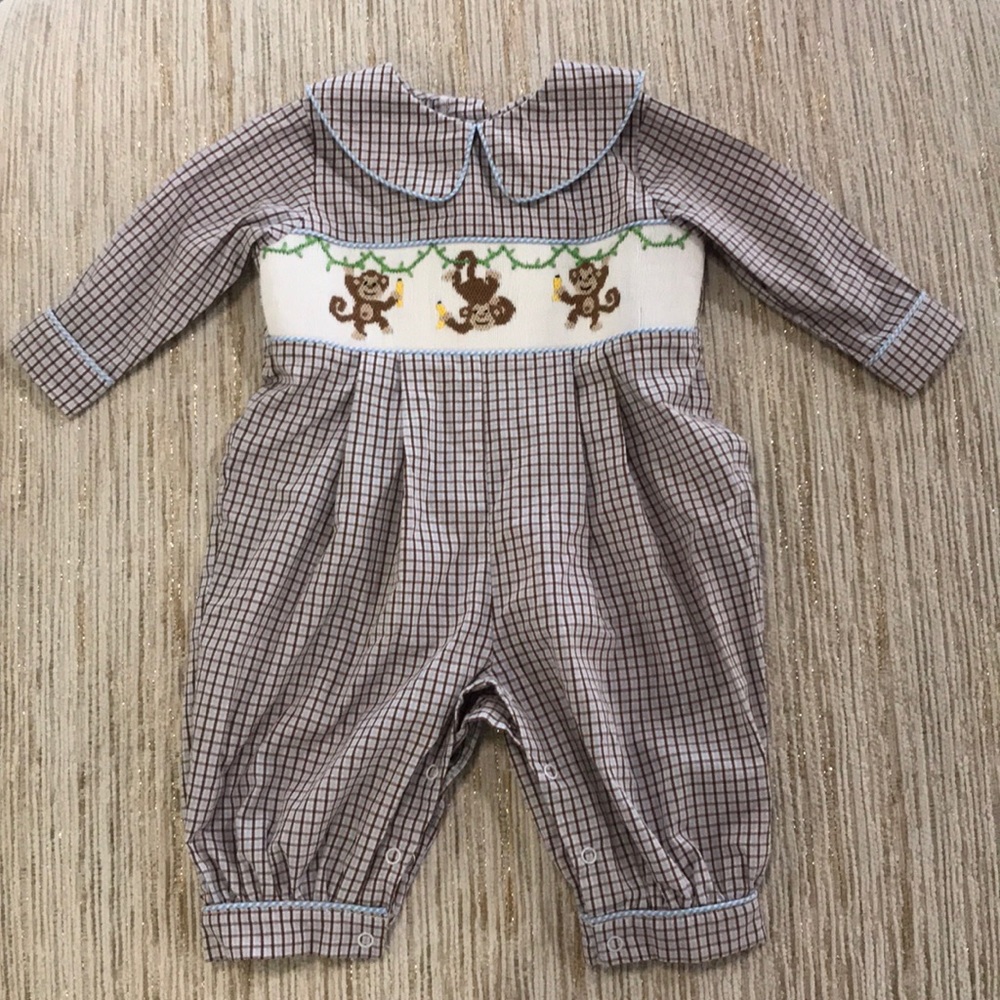 Brown & Blue Checkered Smocked Monkey Romper